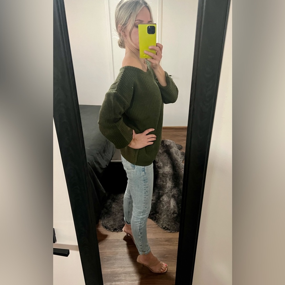 Dark Green, Oversized, Off-the-Shoulder, Ribbed-knit Sweater